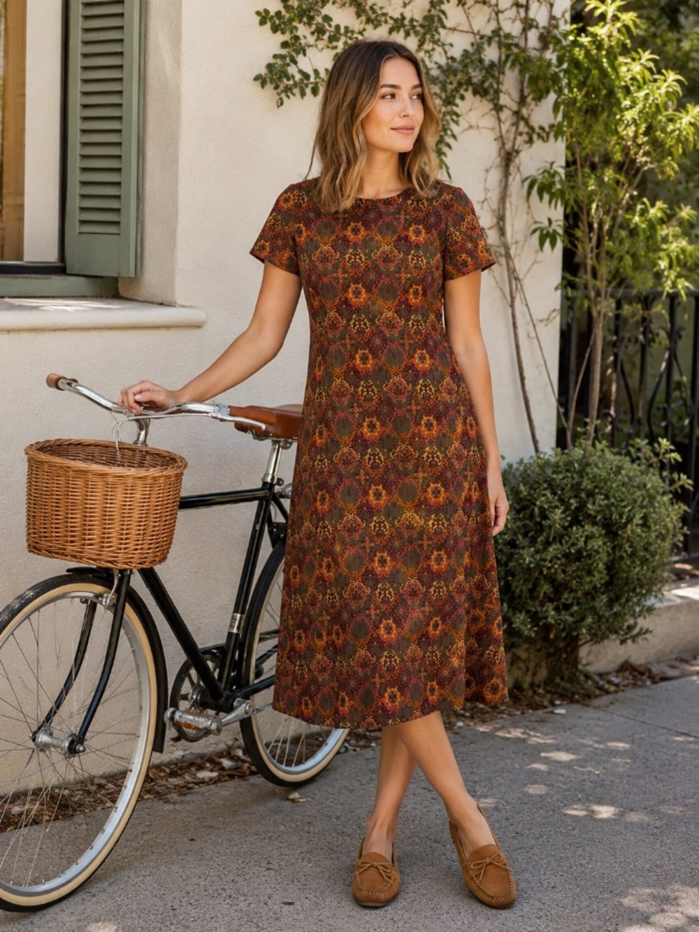 Vintage NPC Fashions 70s Brown Medallions Tapestry Midi Shift Dress Mod Boho 18